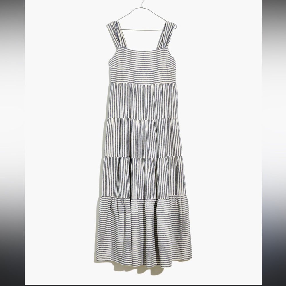 Madewell Gray and White Smocked Tiered Midi Sundress